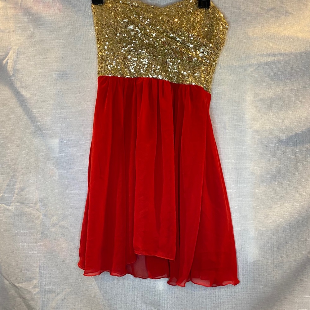 Gold and Red Sequin Strapless Dress